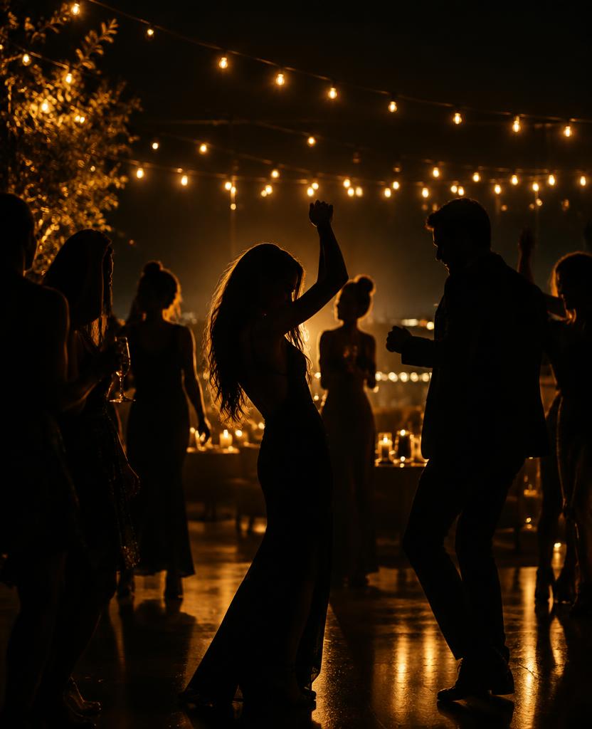 Guests dancing under warm string lights at a party