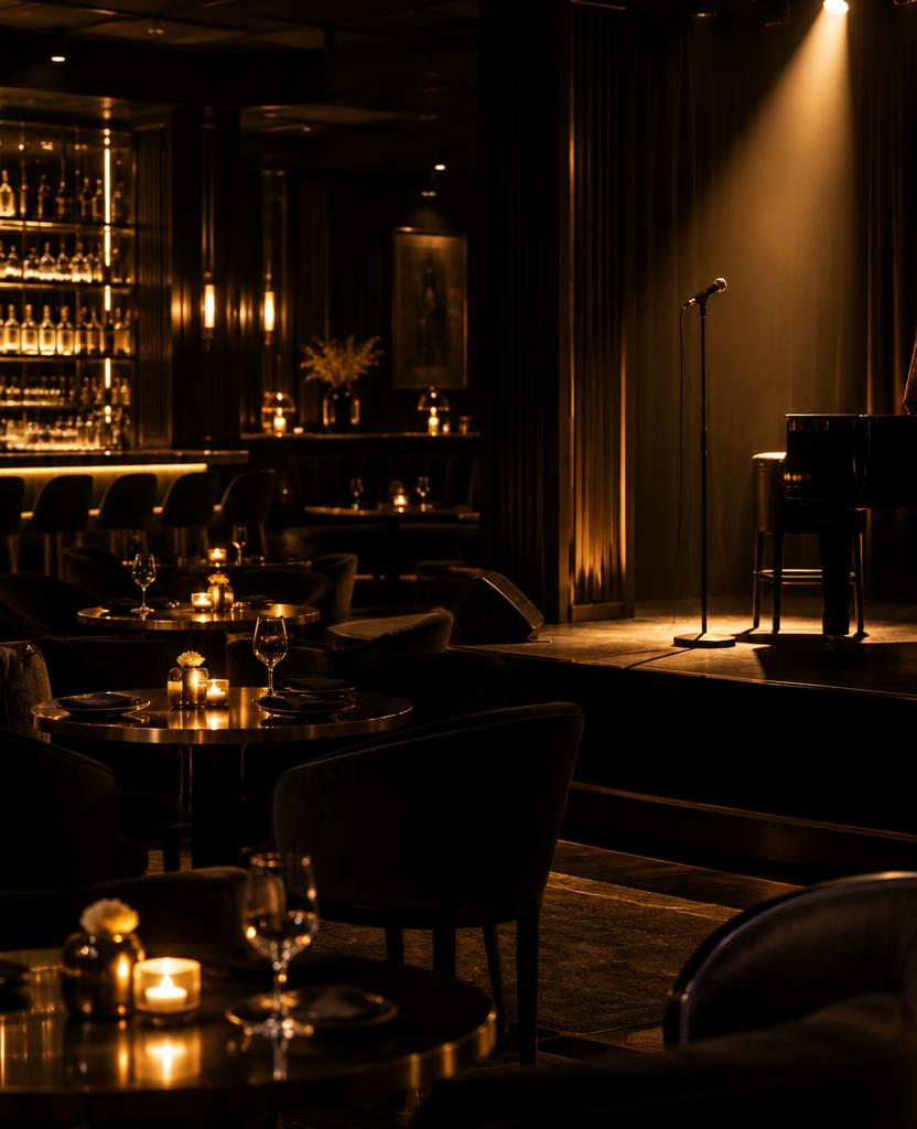 A candlelit restaurant with a live music stage